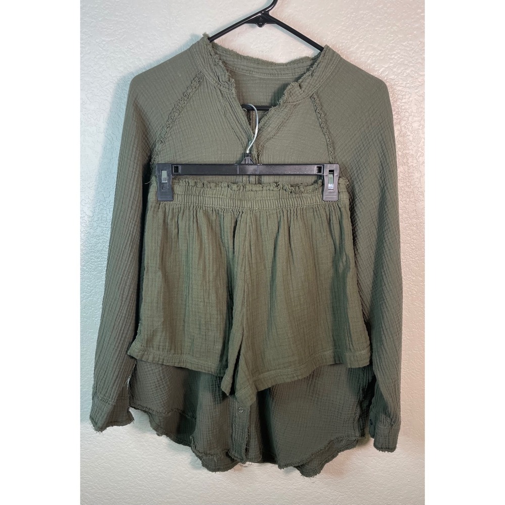Aerie Womens Small 2 Piece Lounge Set Olive Green Cotton Gauze Top & Shorts